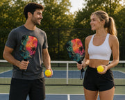 Premium pickleball paddle featuring tropical palm trees and vivid sunset artwork with yellow pickleballs.