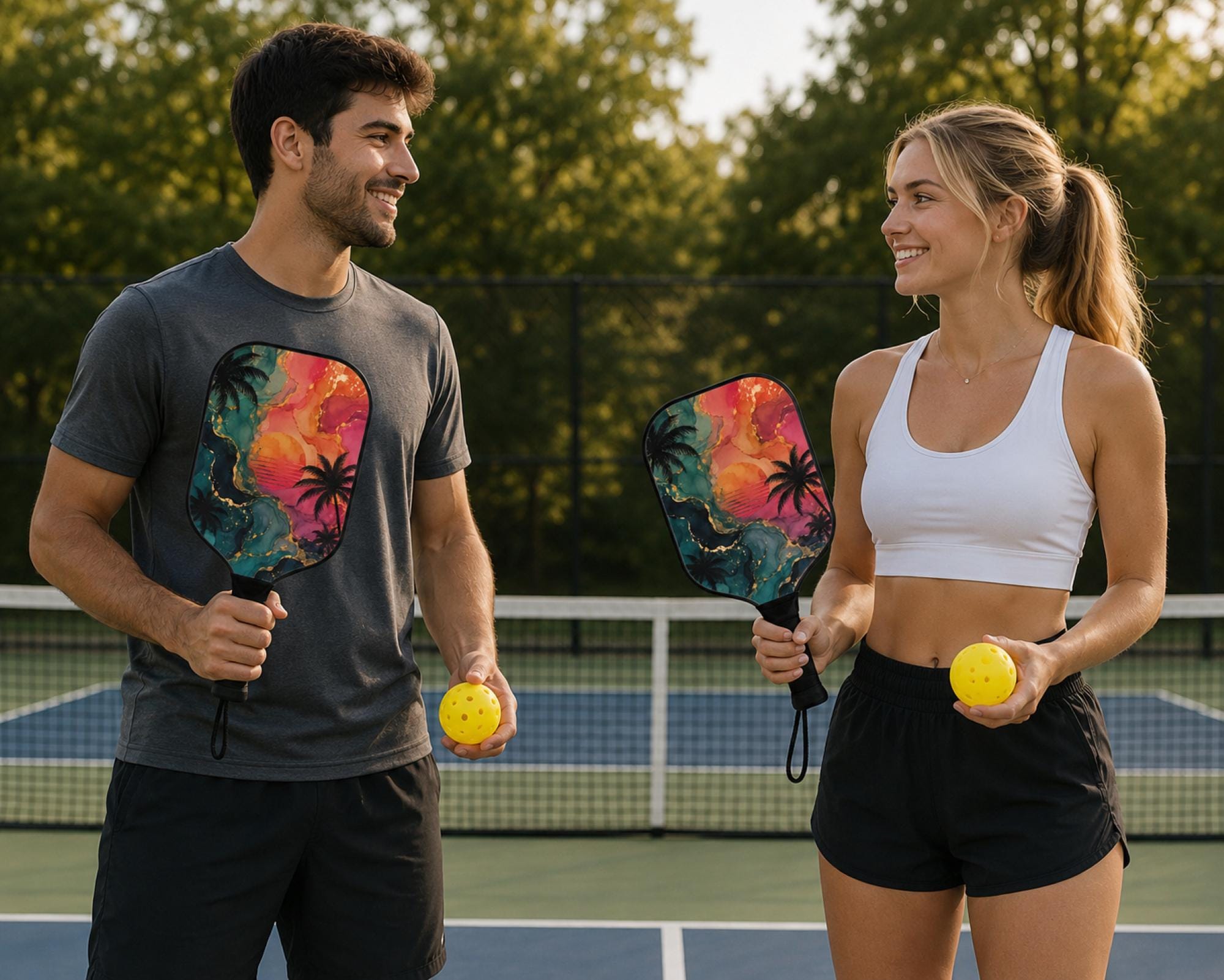 Premium pickleball paddle featuring tropical palm trees and vivid sunset artwork with yellow pickleballs.