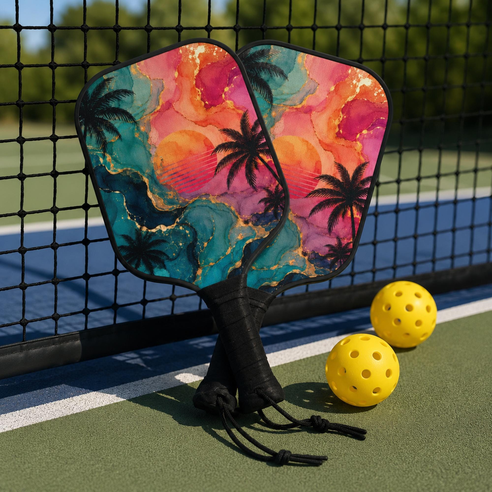 Artistic tropical pickleball paddle with vibrant abstract watercolor design for beach and summer lovers.