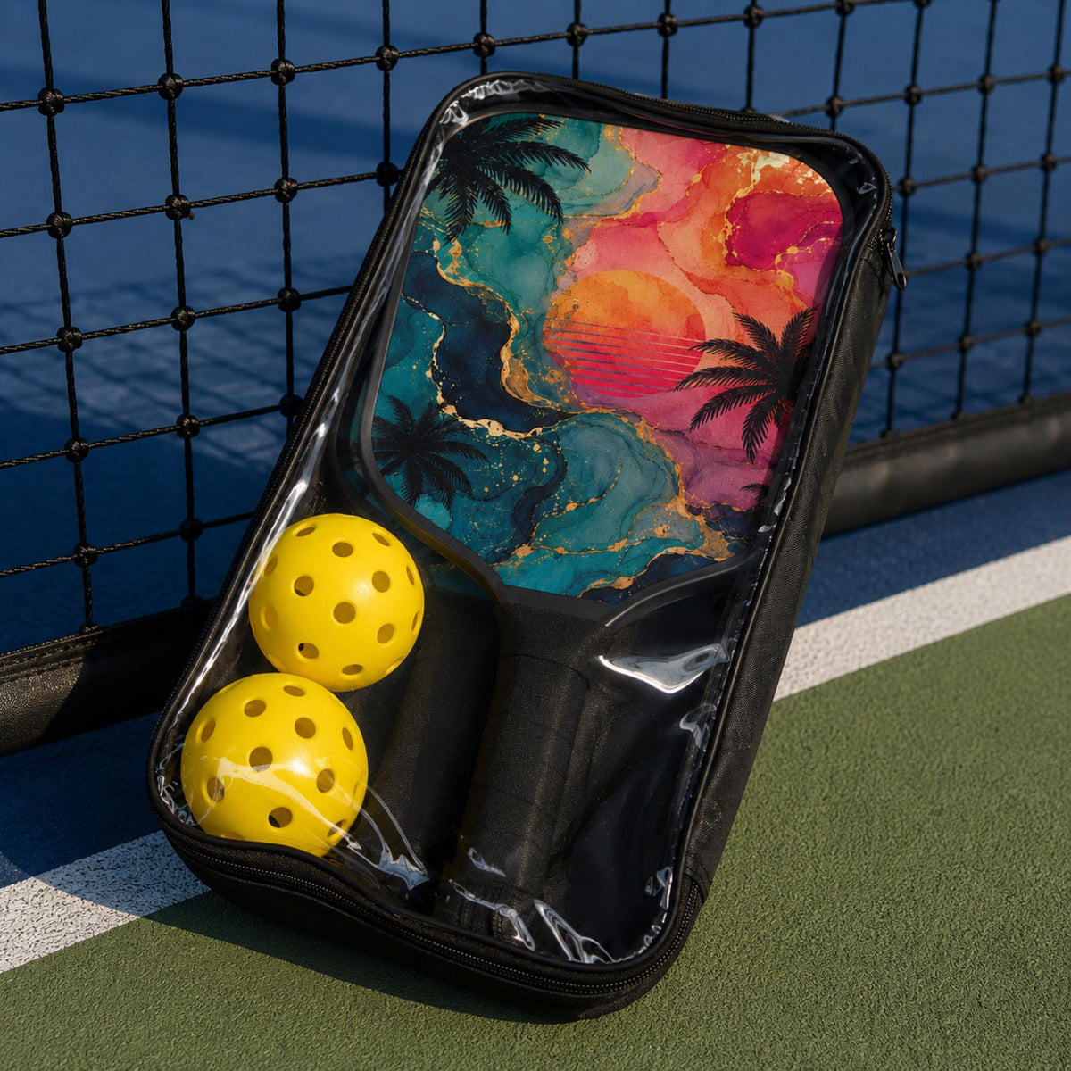 Stylish pickleball paddle featuring sunset colors, palm trees, and ocean-inspired watercolor details.