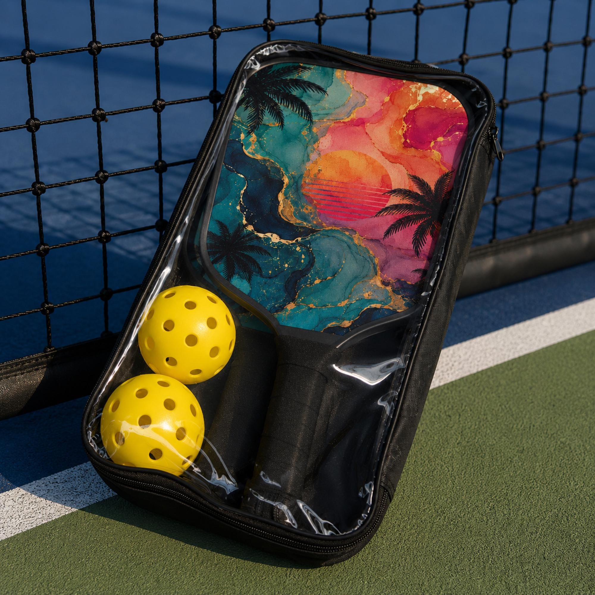 Stylish pickleball paddle featuring sunset colors, palm trees, and ocean-inspired watercolor details.