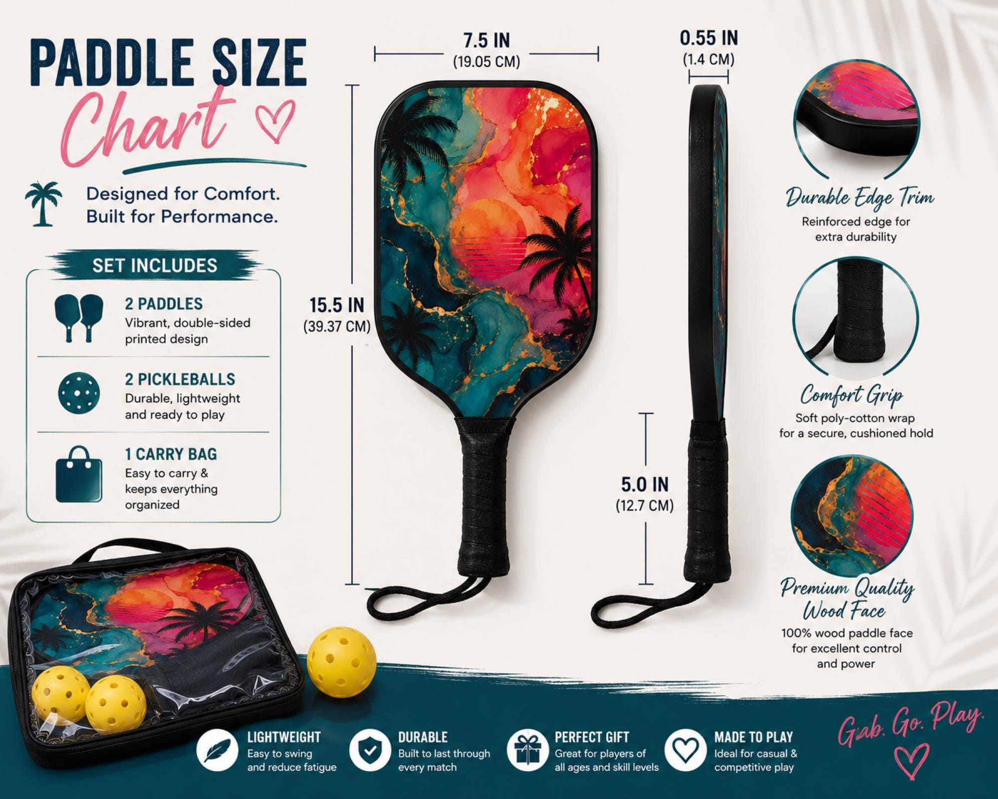 Size chart for Summer-themed pickleball paddle with vibrant tropical artwork for beach lovers and active players.