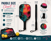 Size chart for Summer-themed pickleball paddle with vibrant tropical artwork for beach lovers and active players.