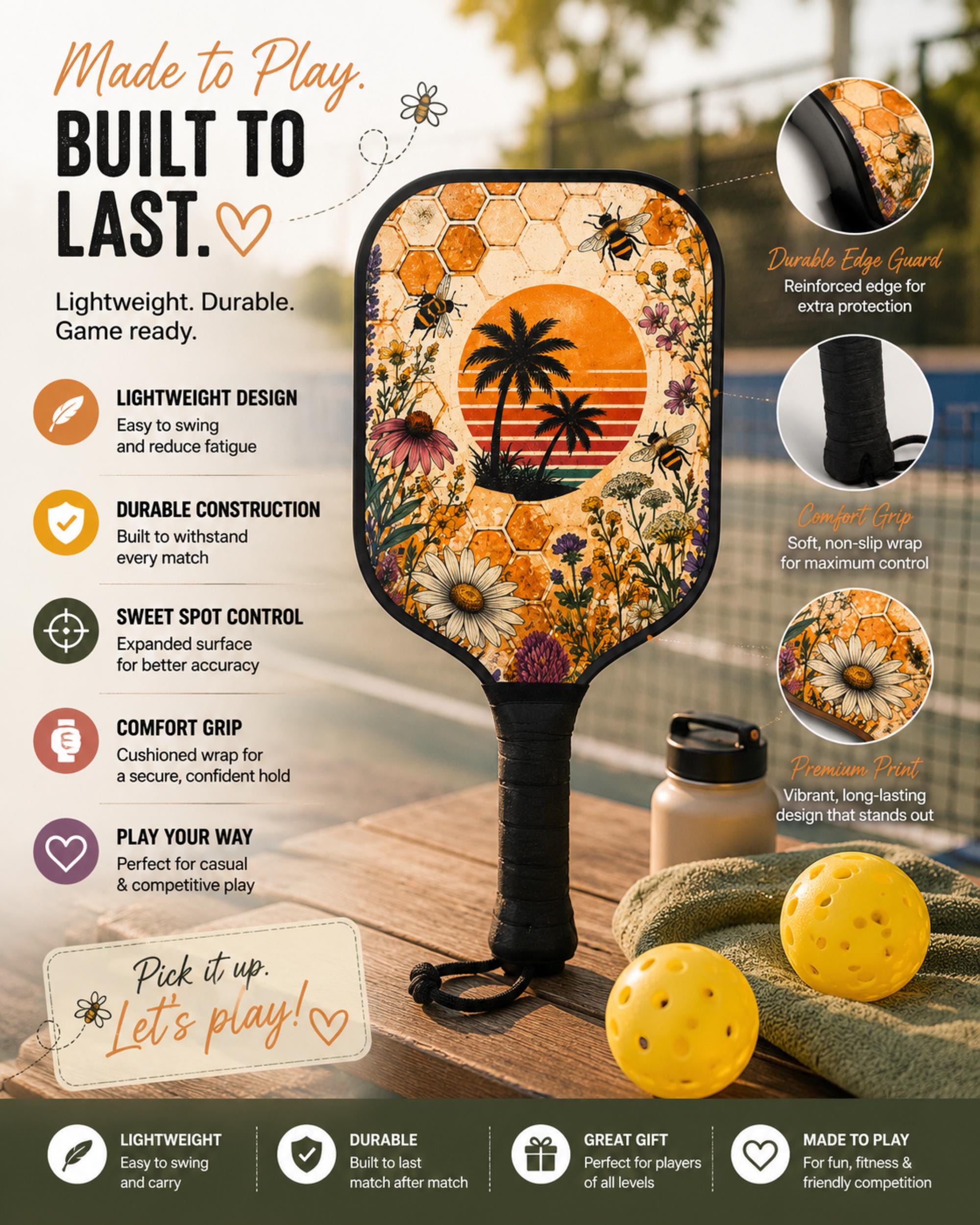 Floral pickleball paddle with tropical sunset design, ergonomic comfort grip, and durable edge guard for everyday play.