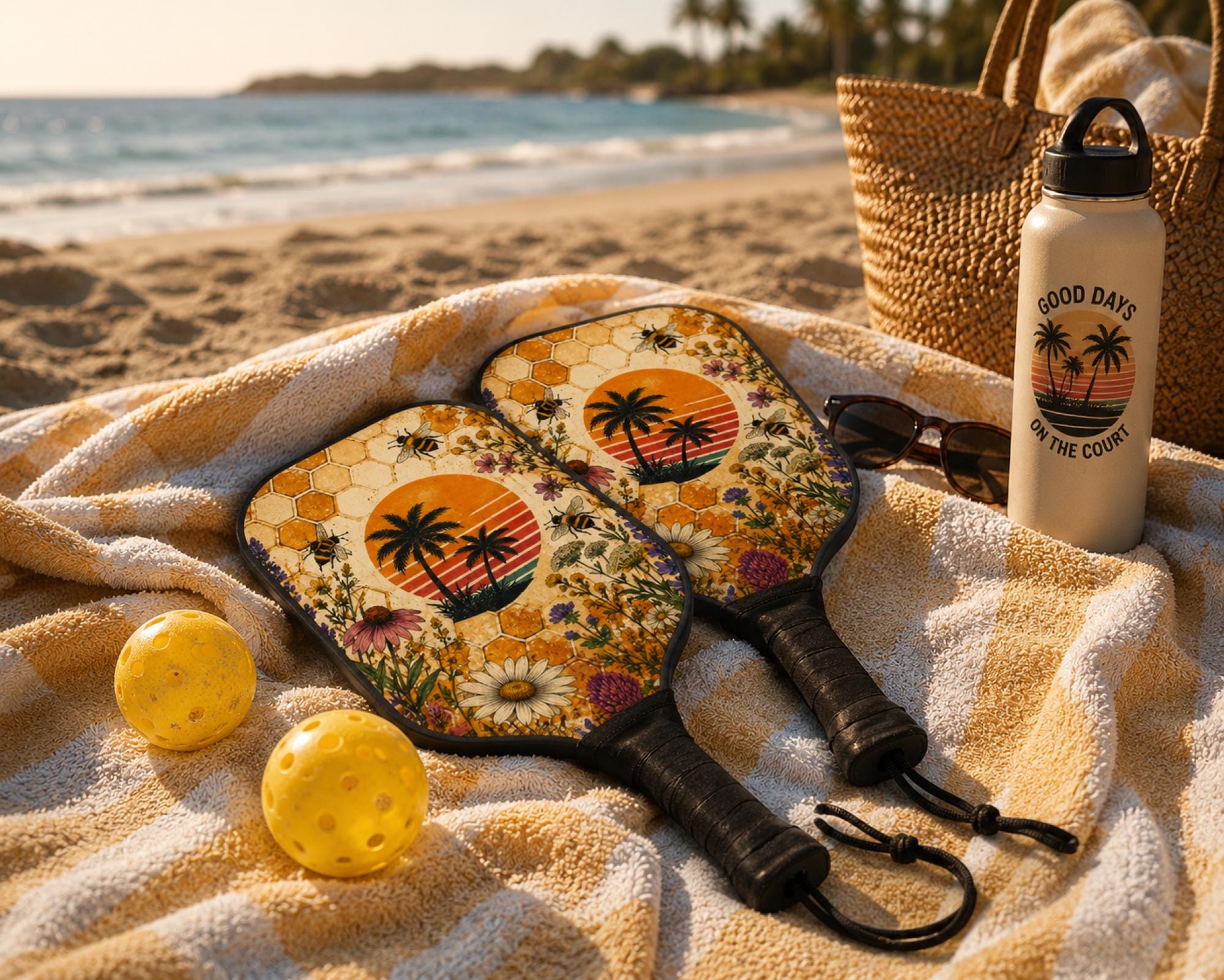 Bee and wildflower pickleball paddle featuring tropical palm trees, retro sunset, and honeycomb design with lightweight construction.