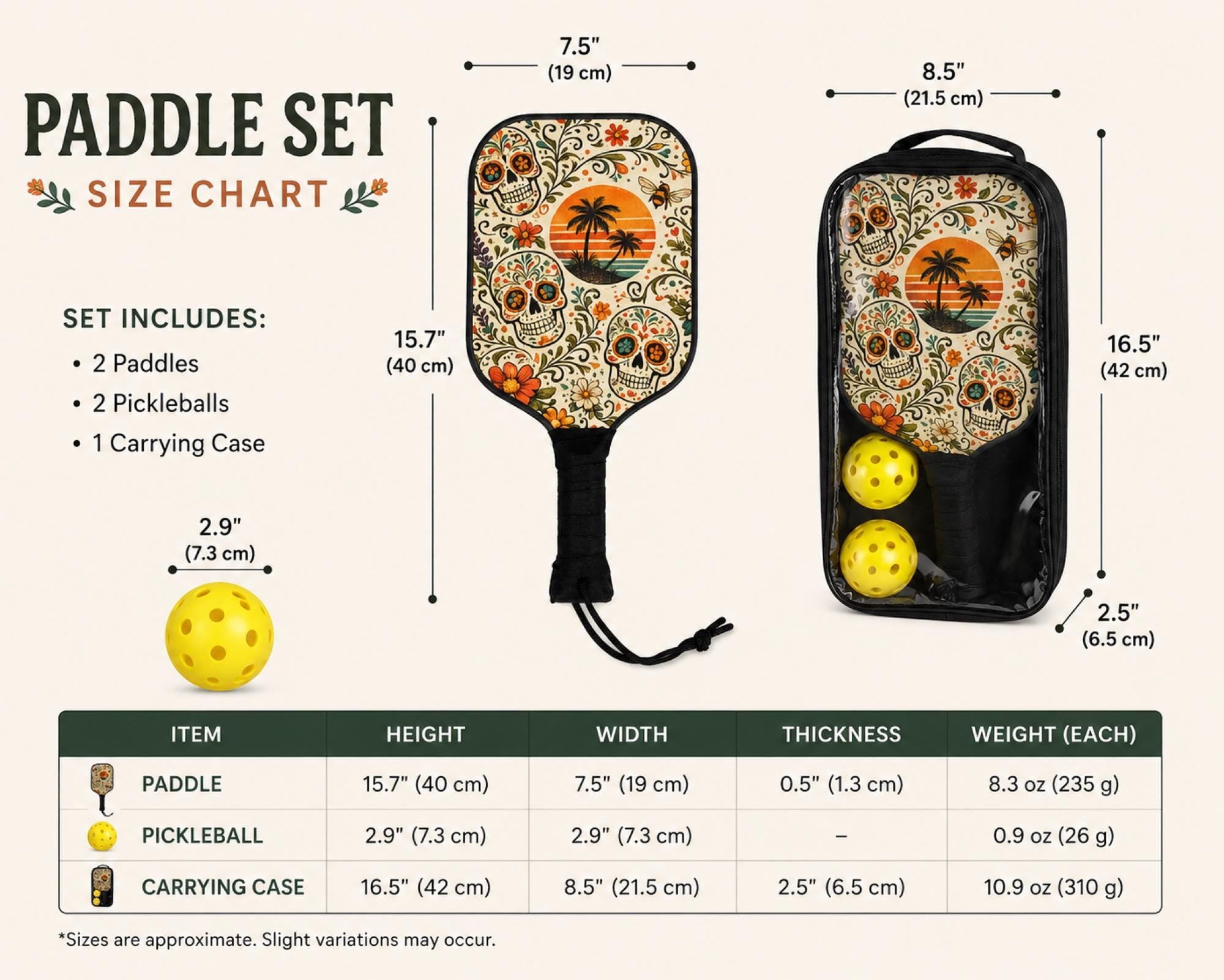 Size chart for Day of the Dead inspired pickleball paddle set featuring floral accents, tropical sunset, and outdoor sports style.