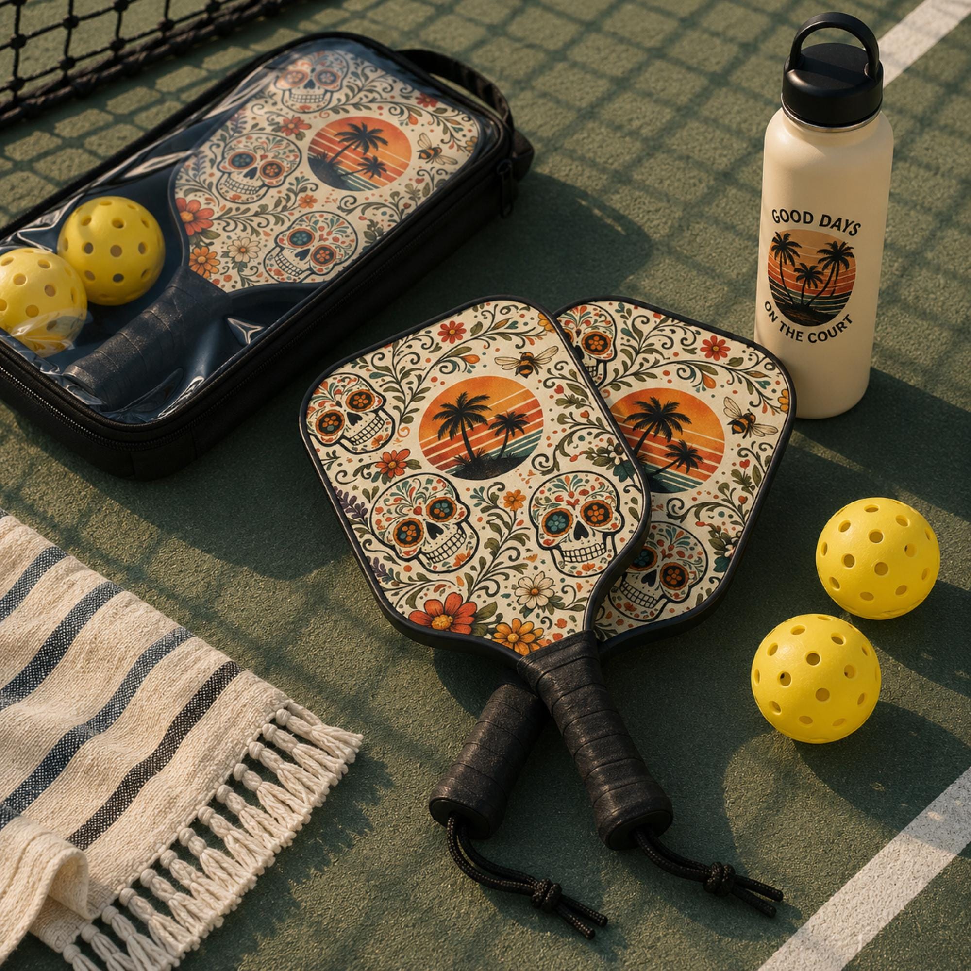 Boho pickleball paddles featuring decorative sugar skull artwork with vibrant flowers and tropical sunset design.