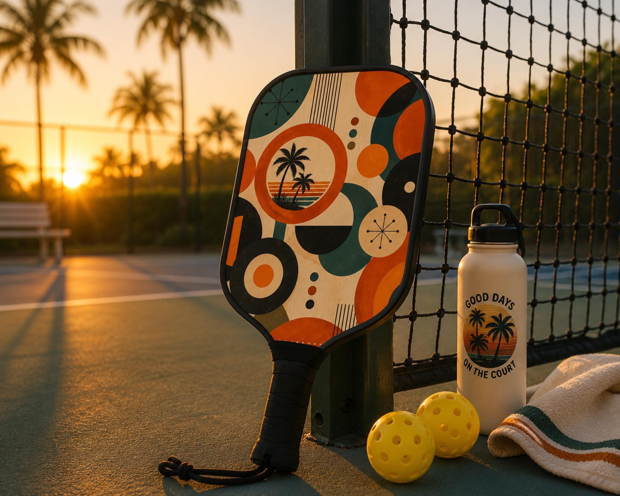 Colorful pickleball paddle set with vintage geometric design, tropical palm trees, and sunset aesthetic on the court.