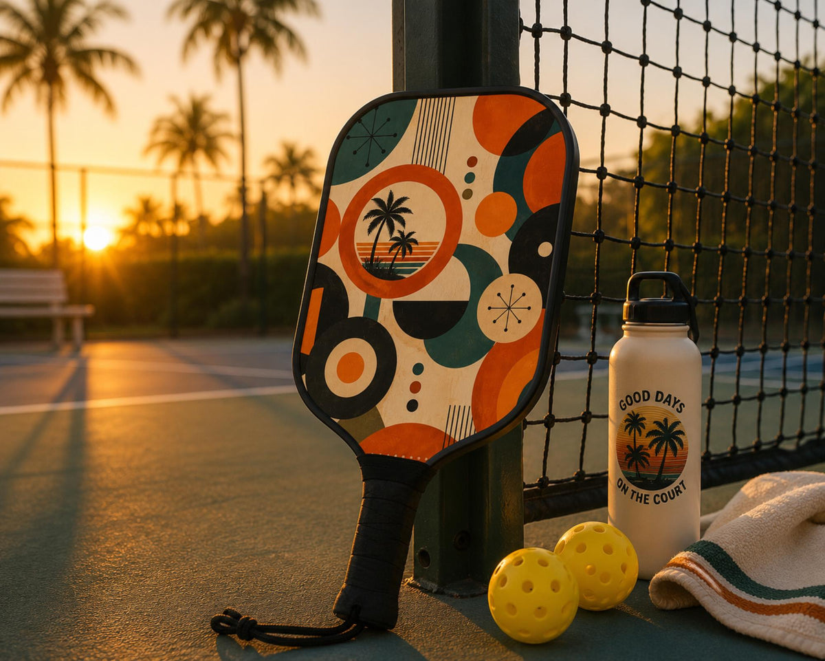 Colorful pickleball paddle set with vintage geometric design, tropical palm trees, and sunset aesthetic on the court.