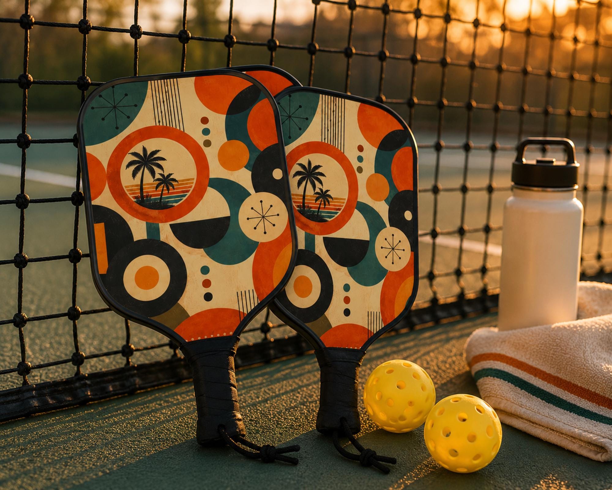 Mid-century modern pickleball paddle set featuring retro geometric circles and tropical palm tree sunset artwork on an outdoor court.