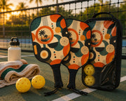Tropical sunset pickleball paddles with retro mid-century modern design and colorful abstract circles for outdoor play.