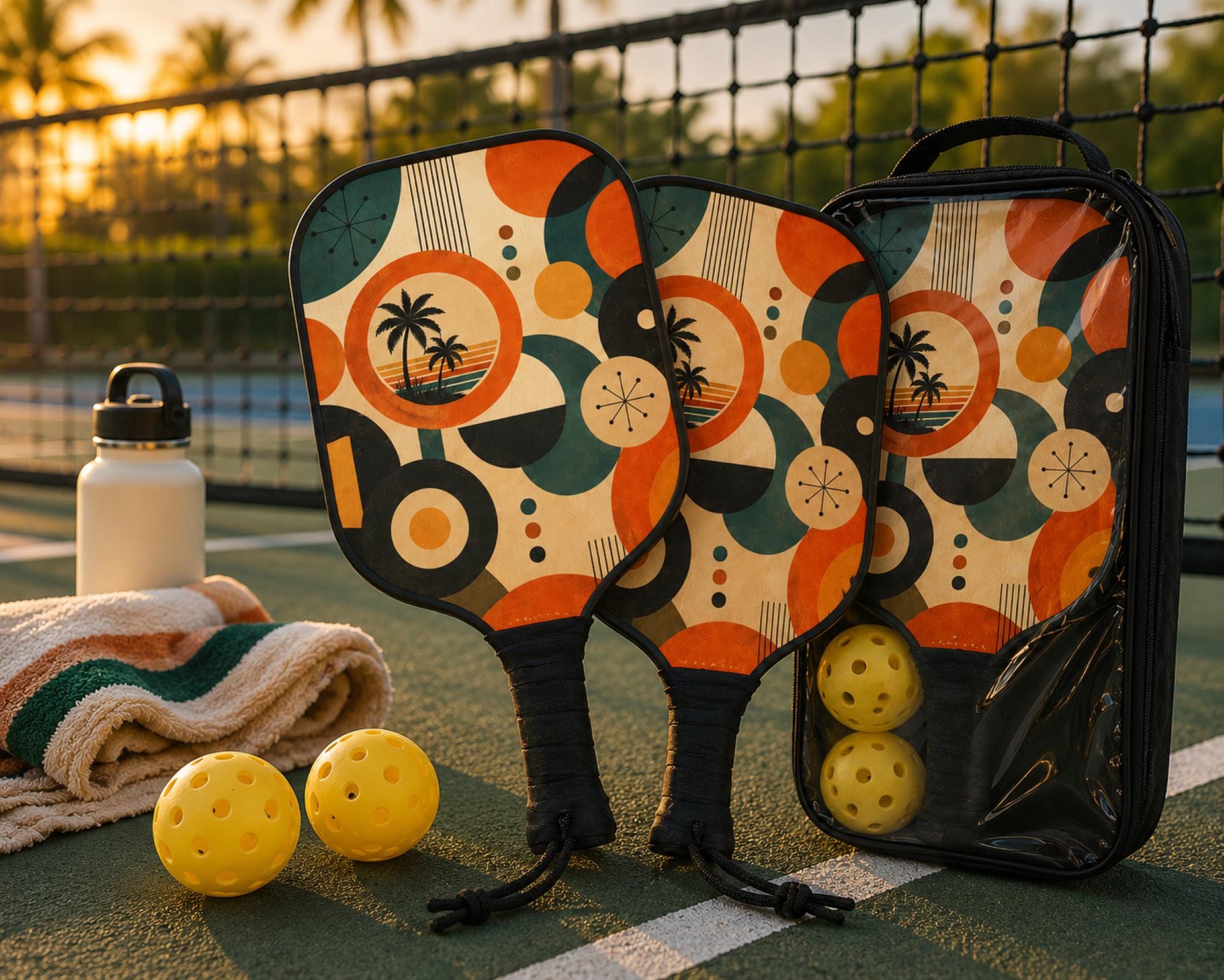 Tropical sunset pickleball paddles with retro mid-century modern design and colorful abstract circles for outdoor play.