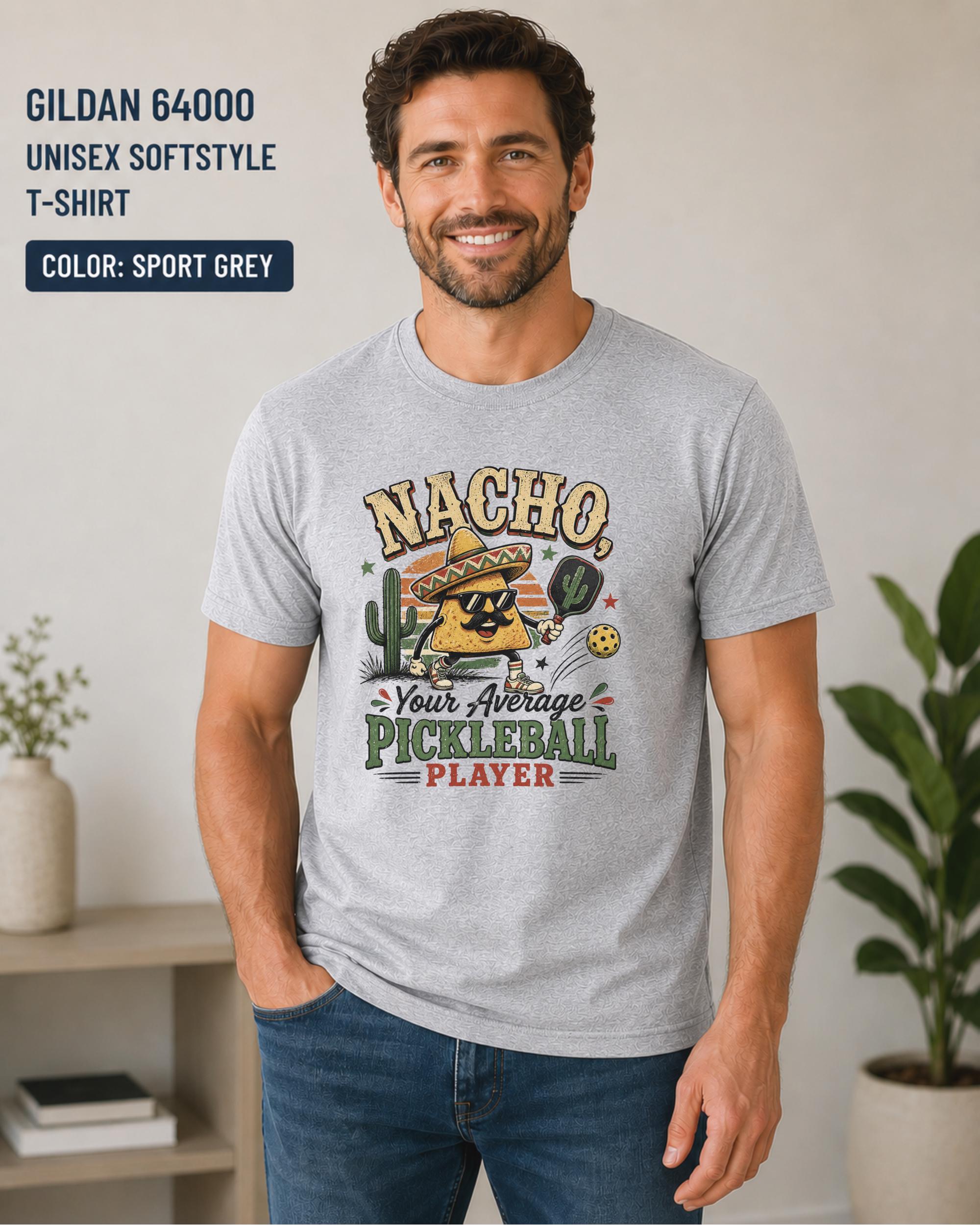 Comfortable Gildan Softstyle pickleball t-shirt featuring colorful retro nacho artwork and playful sports design.