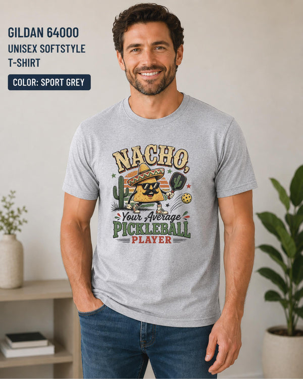 Comfortable Gildan Softstyle pickleball t-shirt featuring colorful retro nacho artwork and playful sports design.