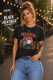 Funny Pickleball Summerween shirt with ghost, pumpkins, palm trees, flowers, and "Bats, Beaches & Big Dinks" design.