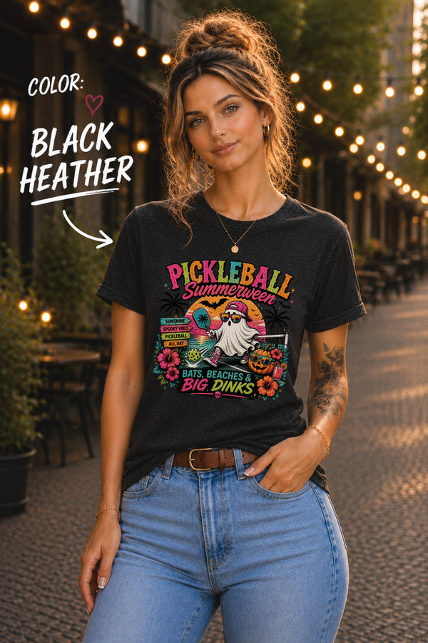Funny Pickleball Summerween shirt with ghost, pumpkins, palm trees, flowers, and "Bats, Beaches & Big Dinks" design.