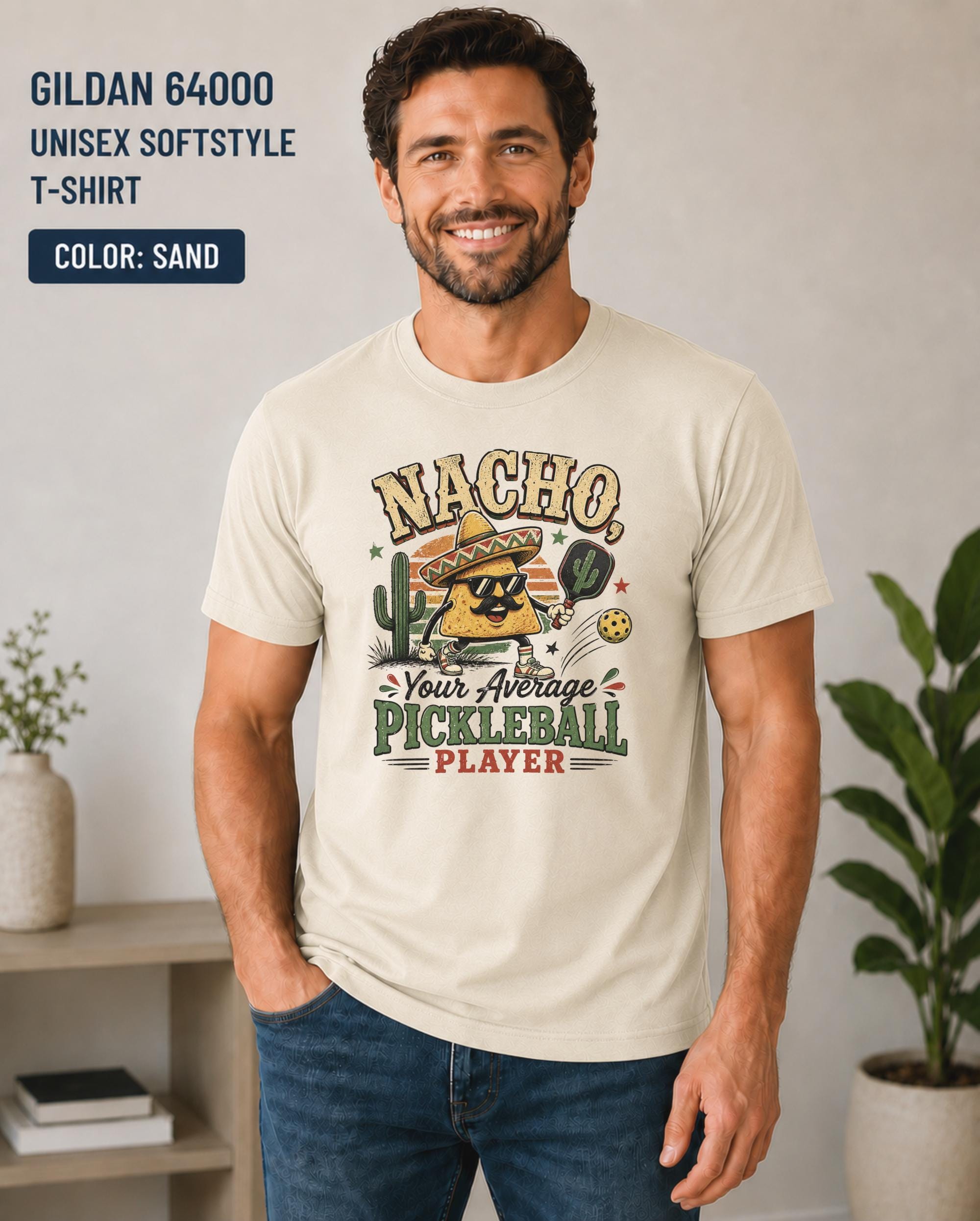 Novelty pickleball t-shirt with "Nacho Your Average Pickleball Player" design, perfect for tournaments and casual games.