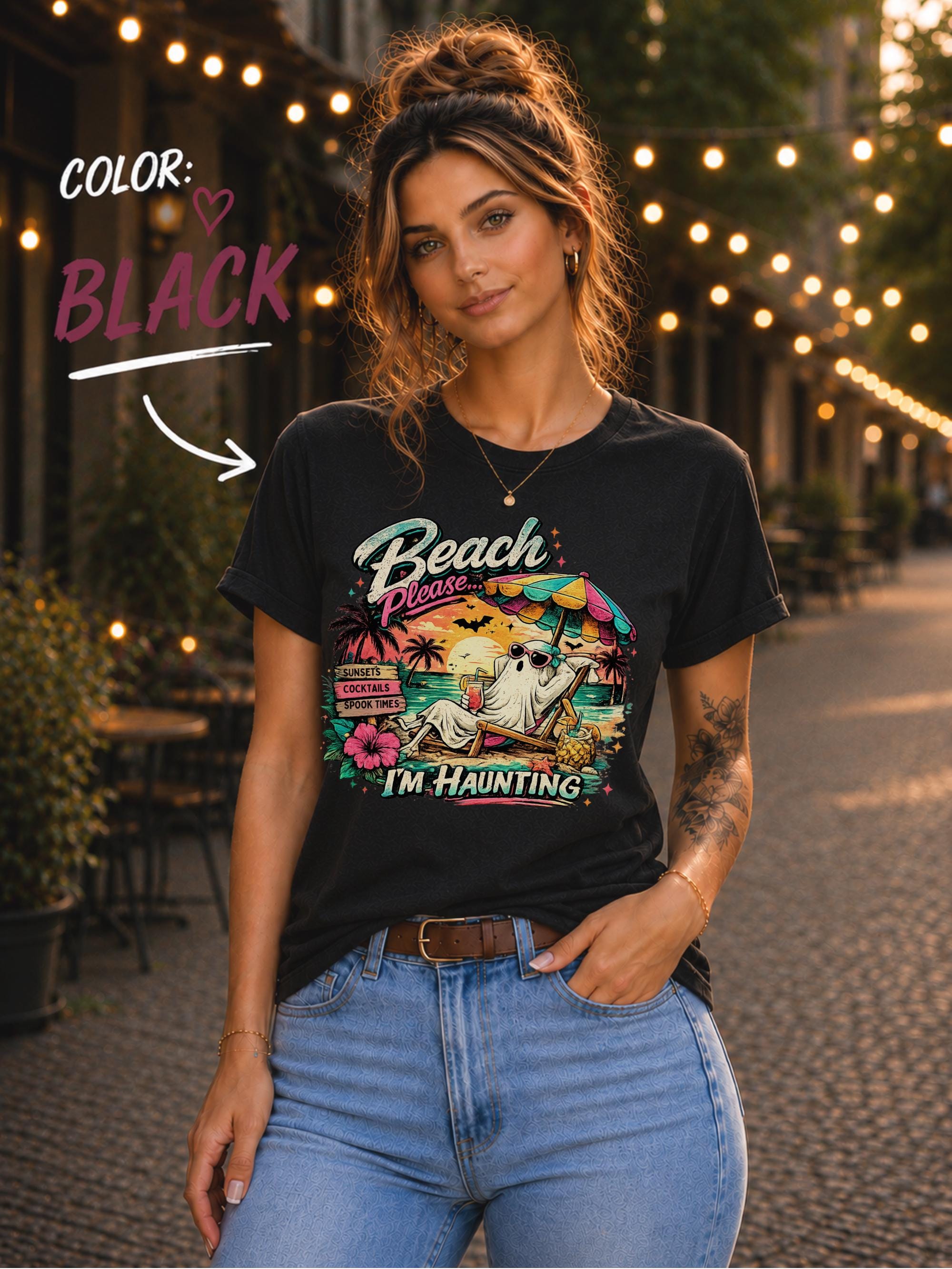 Retro-inspired ghost beach shirt perfect for Summerween celebrations, vacations, and Halloween lovers.