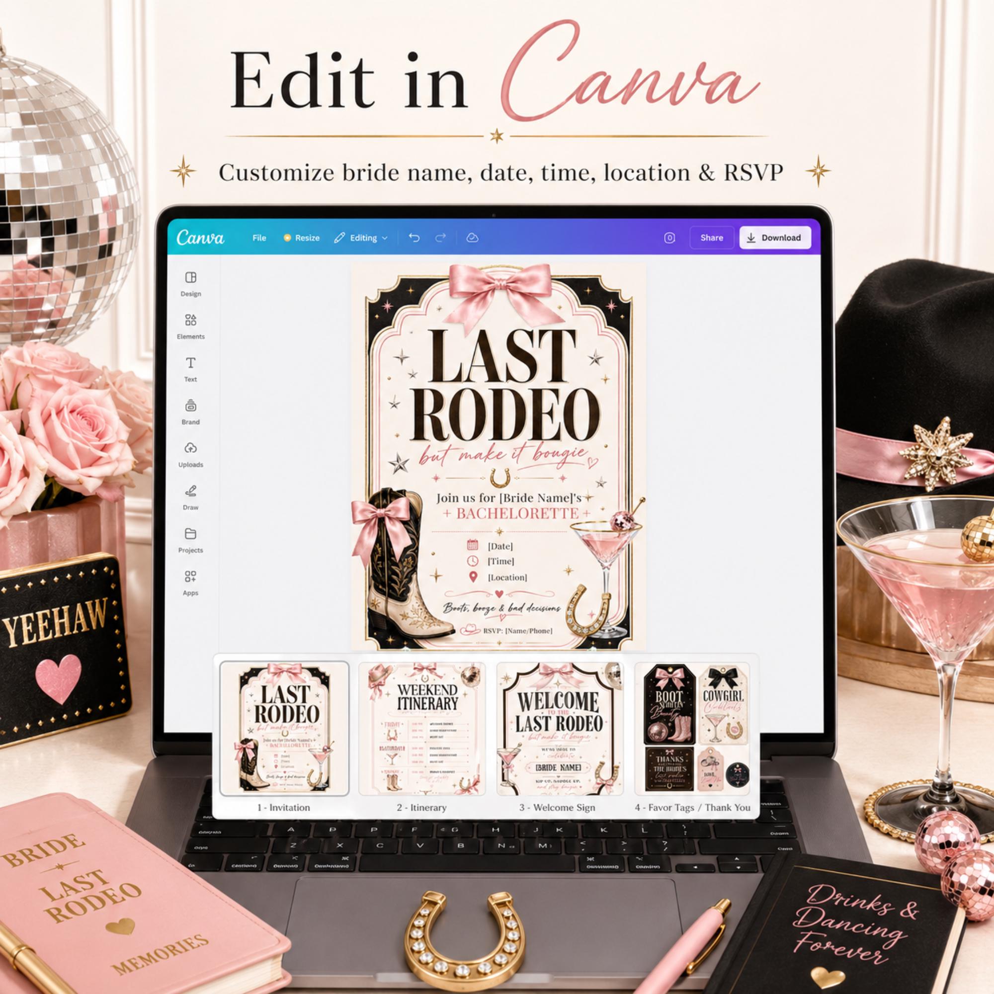 Editable Last Rodeo bachelorette Canva template displayed on a laptop with invitation, itinerary, welcome sign and favor tags.