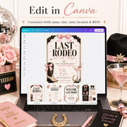 Editable Last Rodeo bachelorette Canva template displayed on a laptop with invitation, itinerary, welcome sign and favor tags.