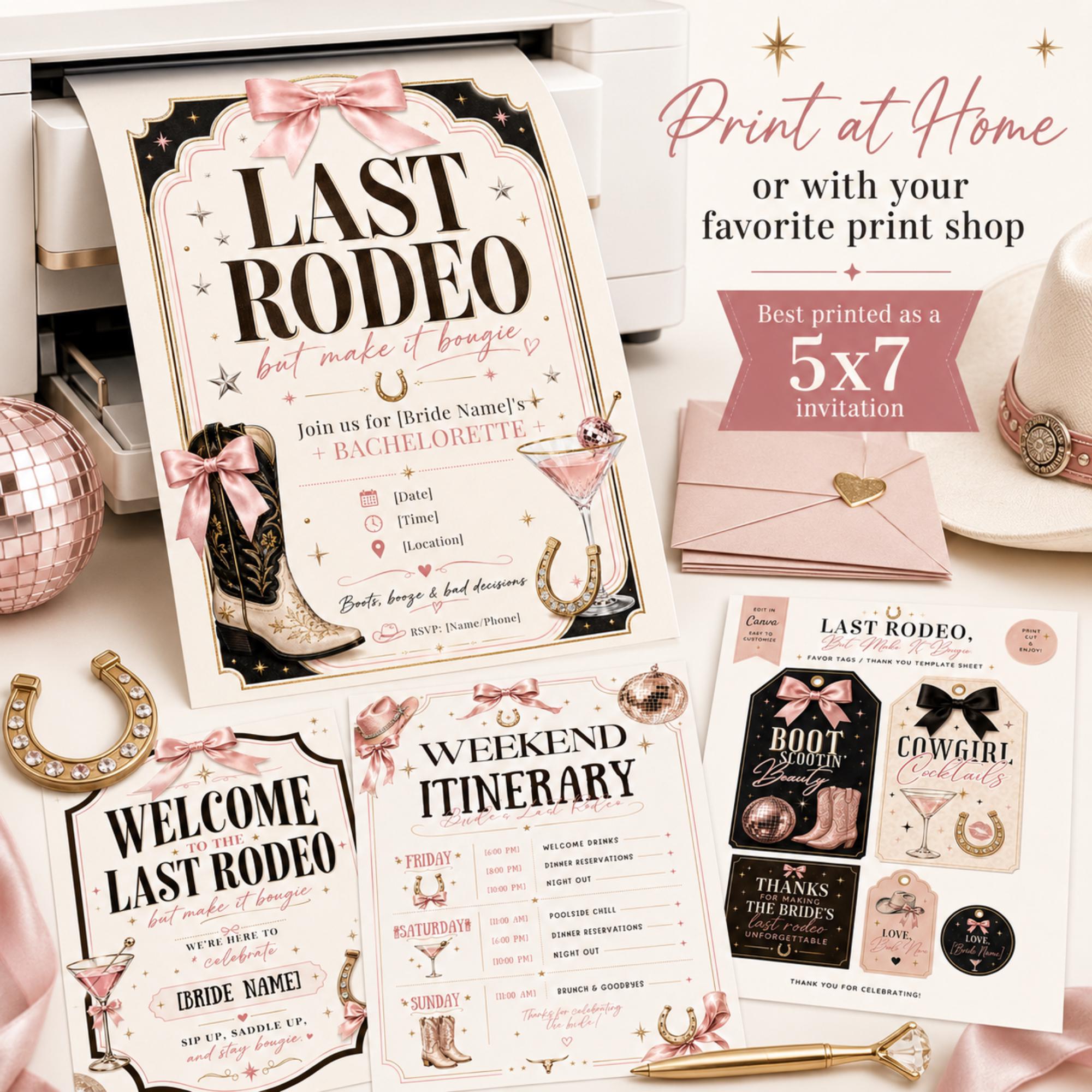 Printable Last Rodeo bachelorette invitation and matching party templates beside a home printer, envelopes and western decor.