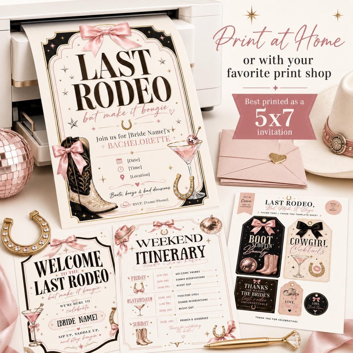Printable Last Rodeo bachelorette invitation and matching party templates beside a home printer, envelopes and western decor.