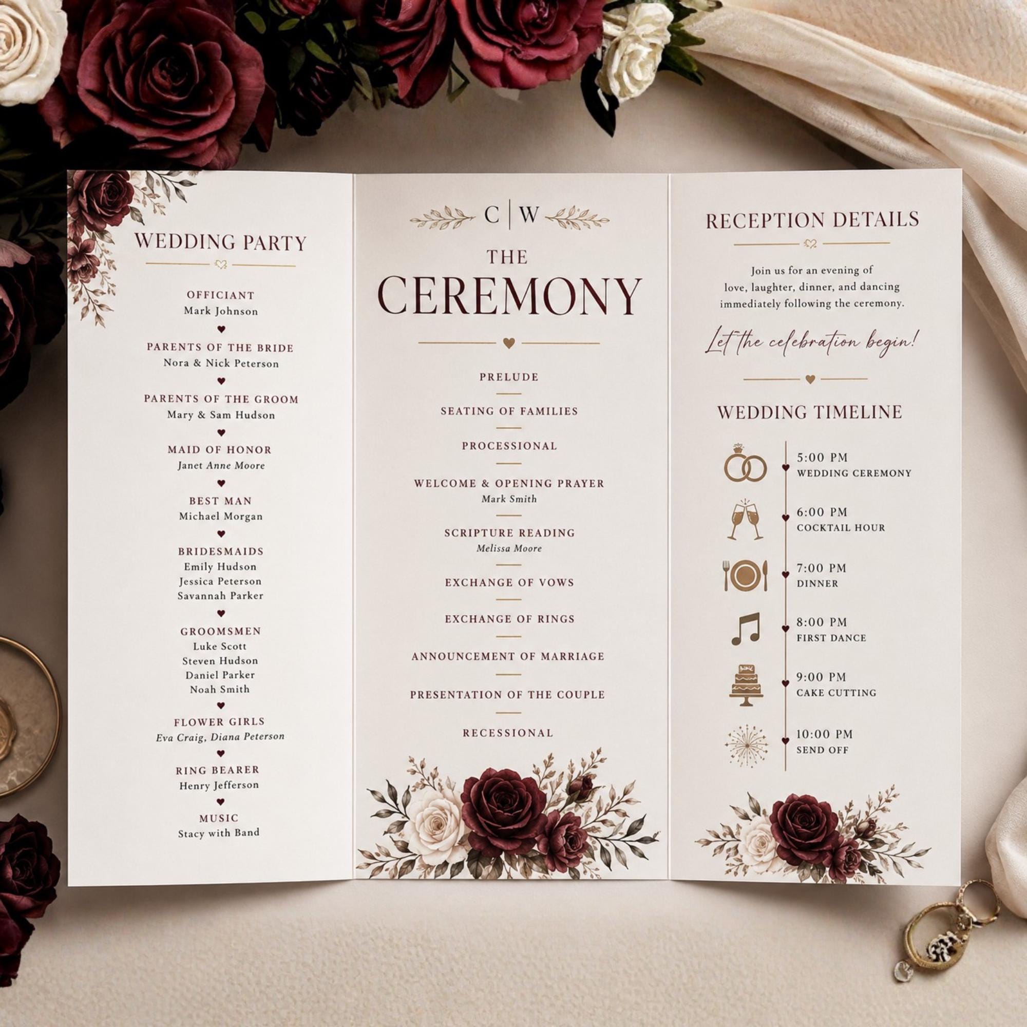 Open trifold wedding program featuring the wedding party, ceremony order and reception timeline with burgundy and cream roses.