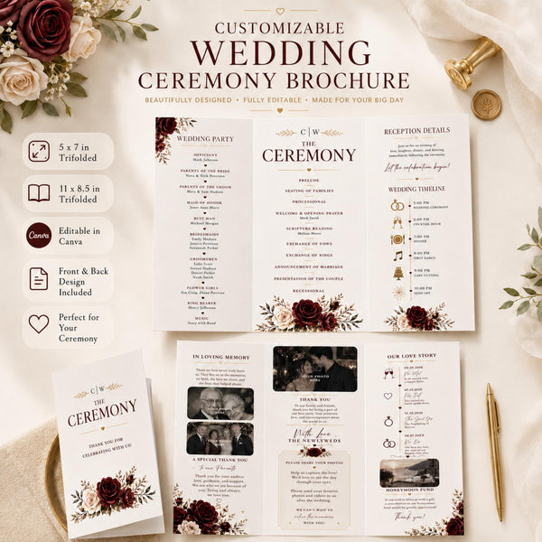 Customizable burgundy and cream wedding ceremony brochure with trifold program layouts, floral details and editable Canva features.