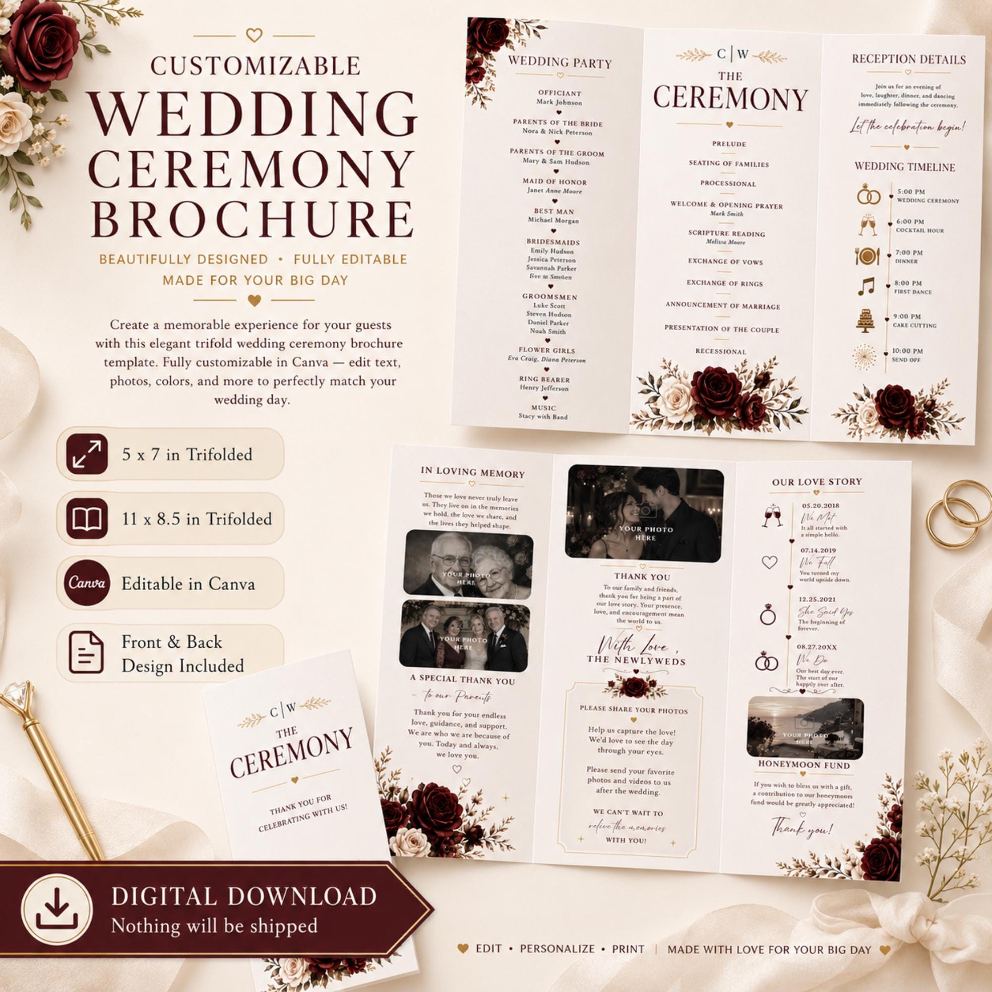 Editable wedding ceremony brochure template showing front and back trifold designs, wedding timeline, photo sections and digital download details.