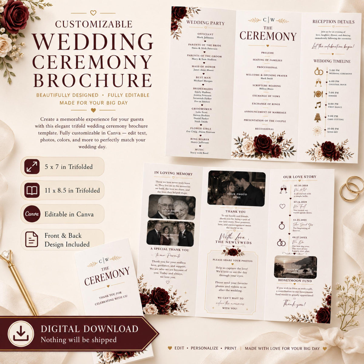 Editable wedding ceremony brochure template showing front and back trifold designs, wedding timeline, photo sections and digital download details.
