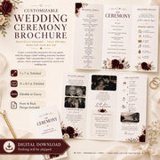 Editable wedding ceremony brochure template showing front and back trifold designs, wedding timeline, photo sections and digital download details.