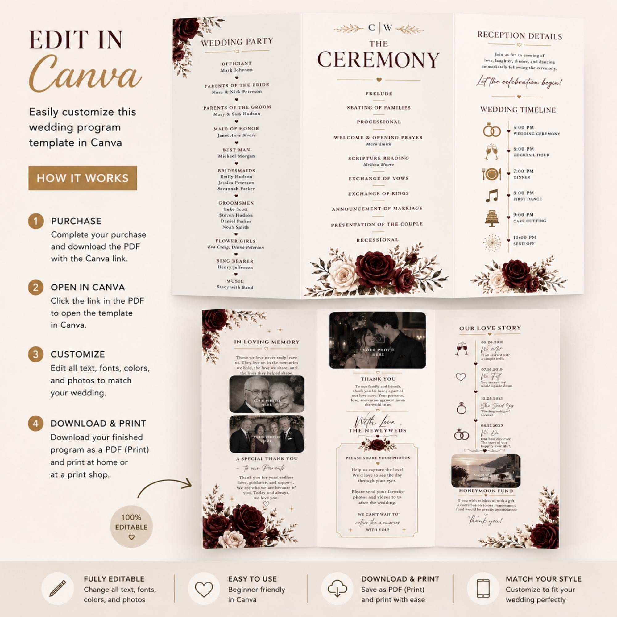 Editable Canva wedding ceremony brochure showing wedding party, ceremony timeline, photos and four customization steps.
