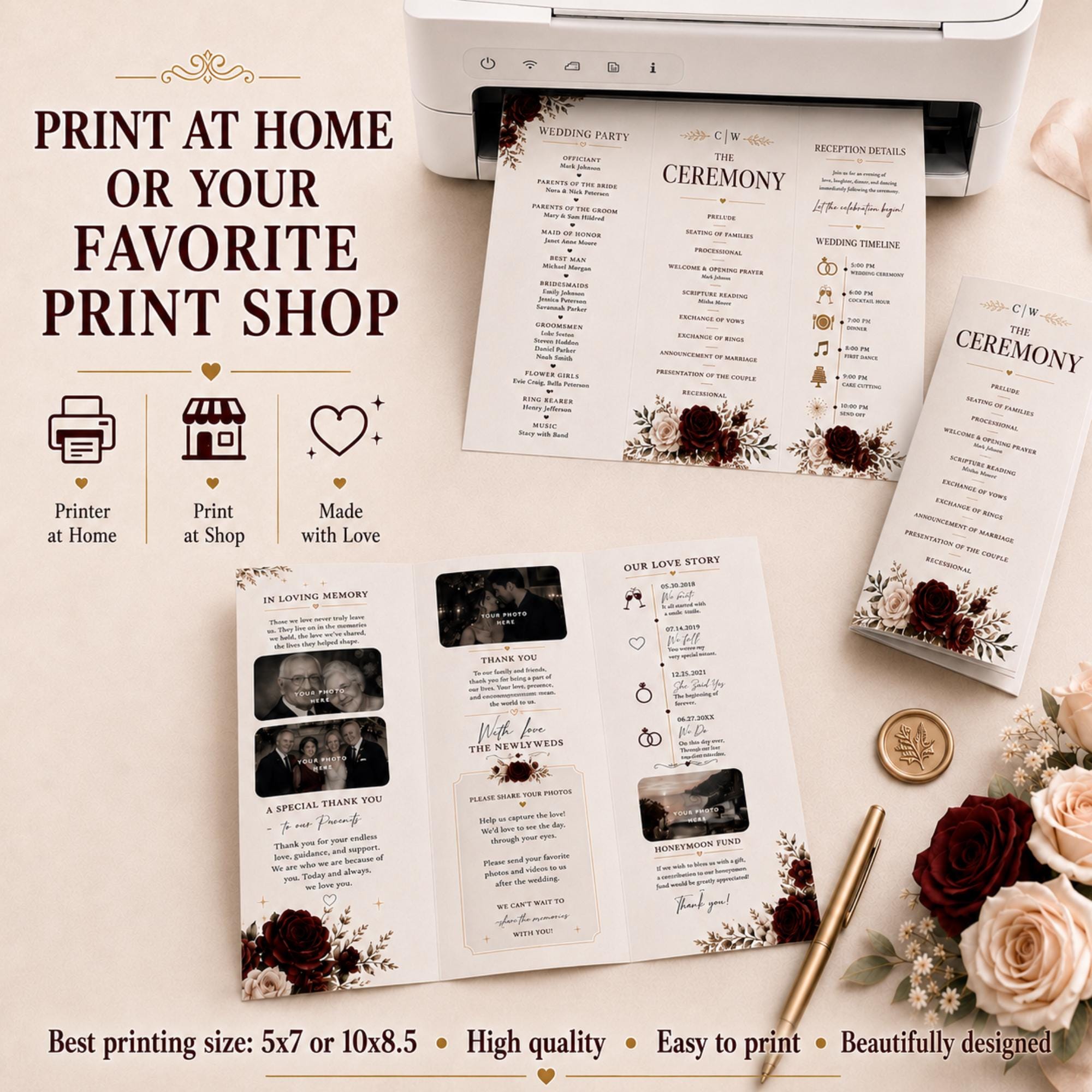 Printable wedding ceremony brochure beside a home printer with trifold program, photo layout and folded ceremony booklet.