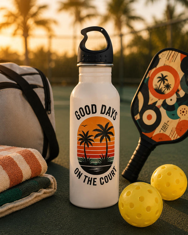Good Days on the Court Water Bottle | Pickleball Water Bottle | Tropical Sunset Stainless Steel Bottle | Pickleball Gift | Sports Water Bottle