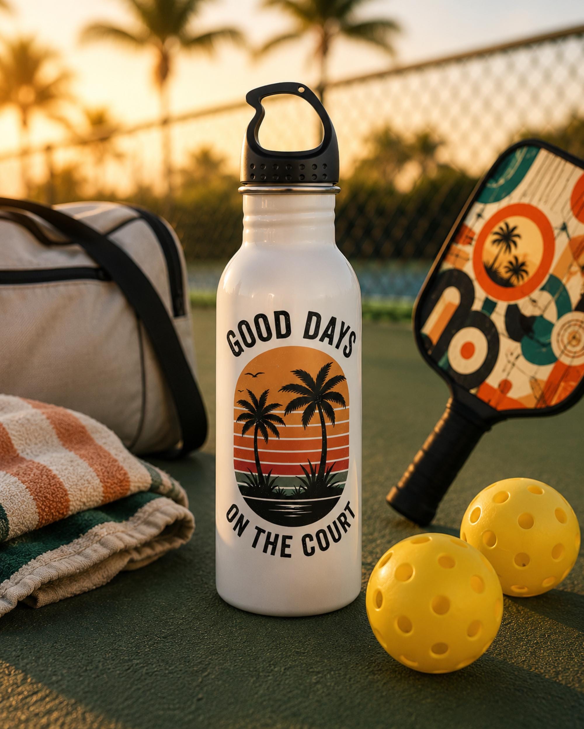 Good Days on the Court Water Bottle | Pickleball Water Bottle | Tropical Sunset Stainless Steel Bottle | Pickleball Gift | Sports Water Bottle