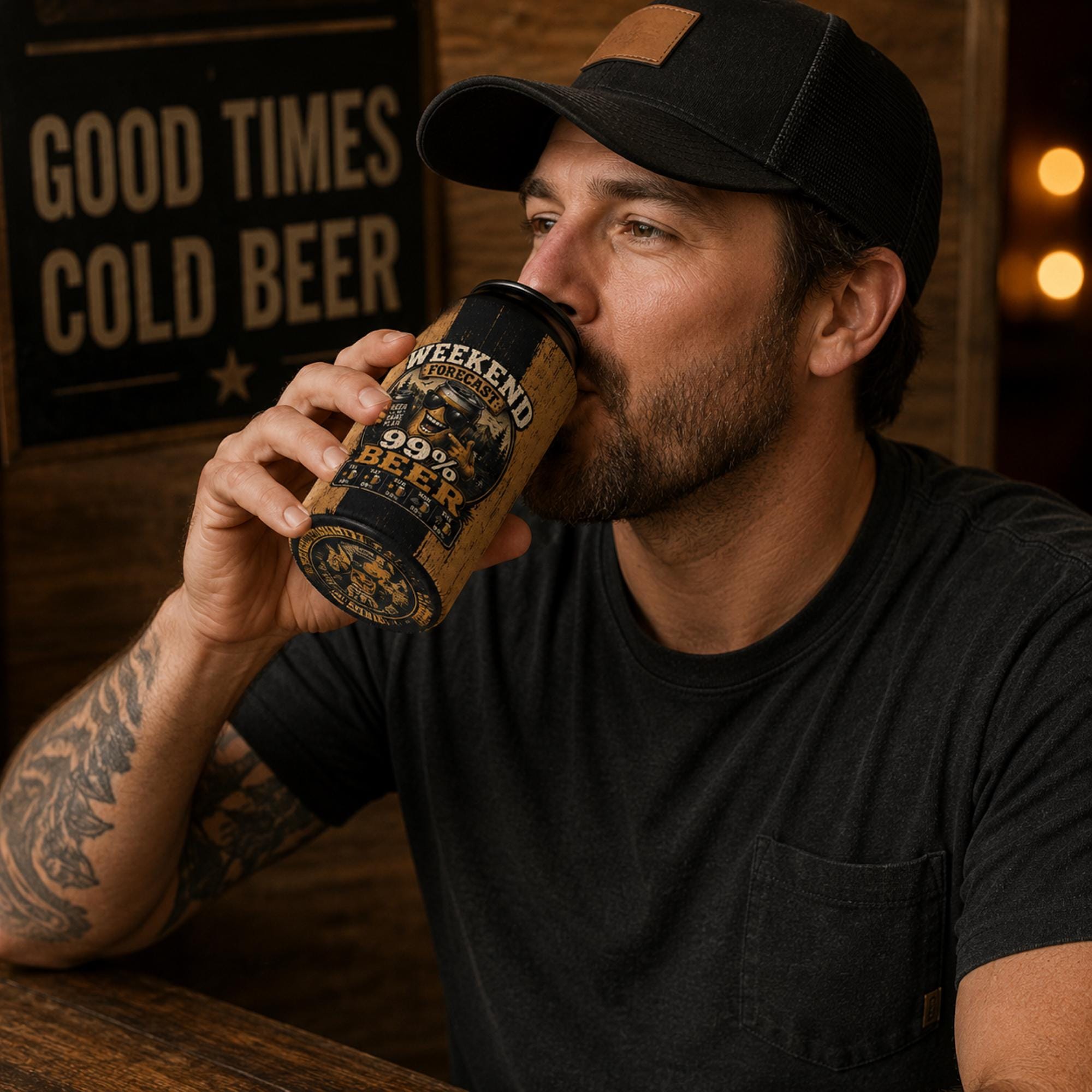 Bearded man drinking from a beer can wrapped in a Weekend Forecast 99% Beer funny can cooler sleeve in a rustic pub setting.