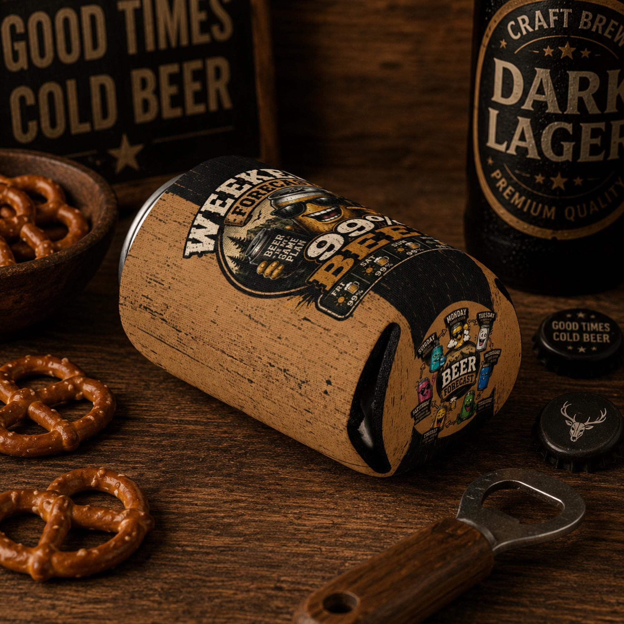 Weekend Forecast 99% Beer slim can cooler sleeve with distressed wood stripe design and humorous beer weather forecast artwork.