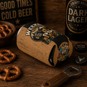 Weekend Forecast 99% Beer slim can cooler sleeve with distressed wood stripe design and humorous beer weather forecast artwork.