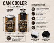 Can cooler sleeve size chart showing Regular and Slim sizes, product features, foam liner, polyester exterior, and care instructions.