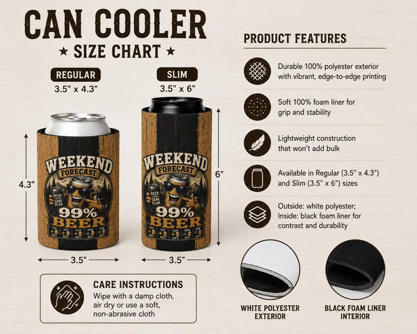 Can cooler sleeve size chart showing Regular and Slim sizes, product features, foam liner, polyester exterior, and care instructions.
