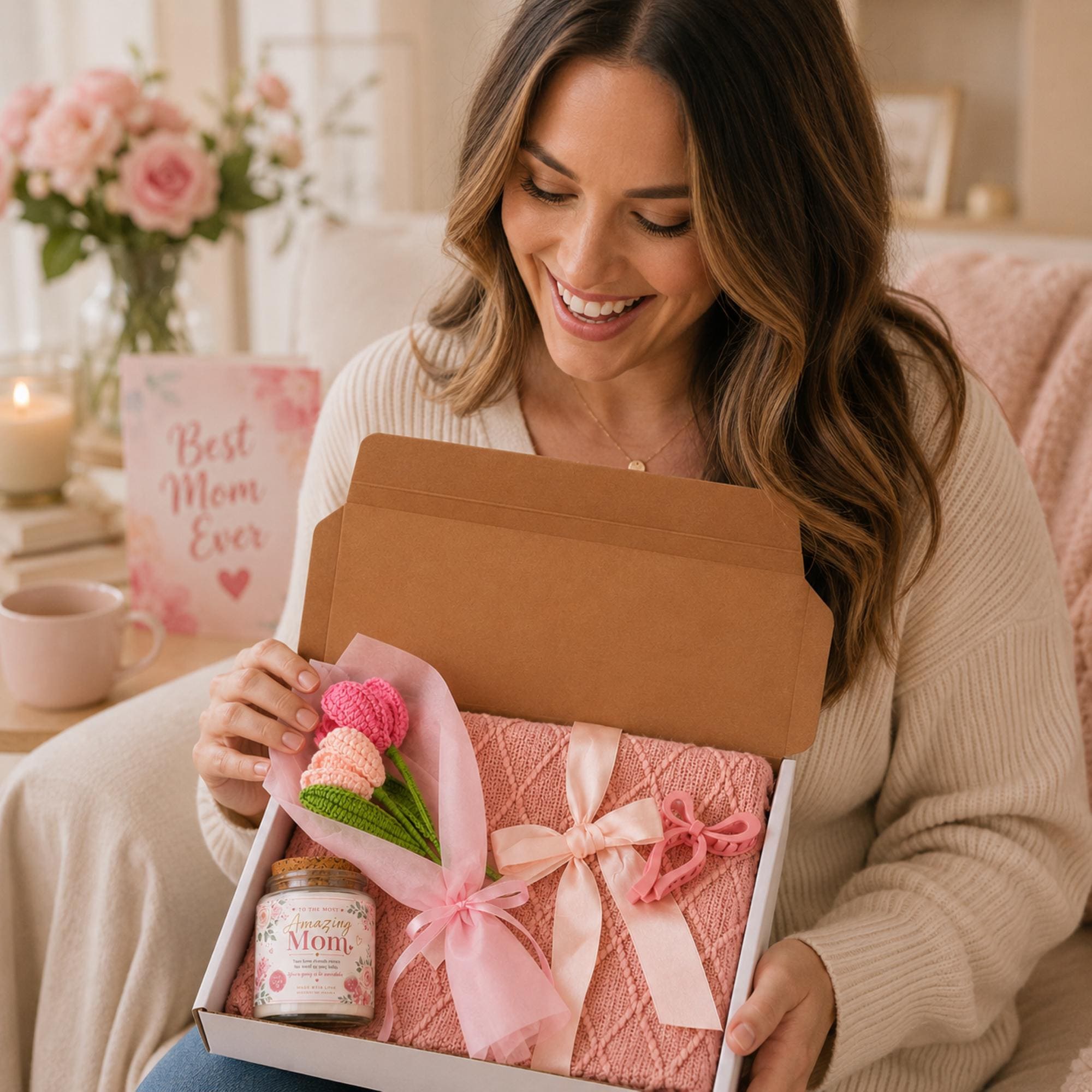 Blush pink self-care gift set featuring a natural soy candle, plush blanket, bow hair clip, and crochet flowers for birthdays, thank-you gifts, and care packages.