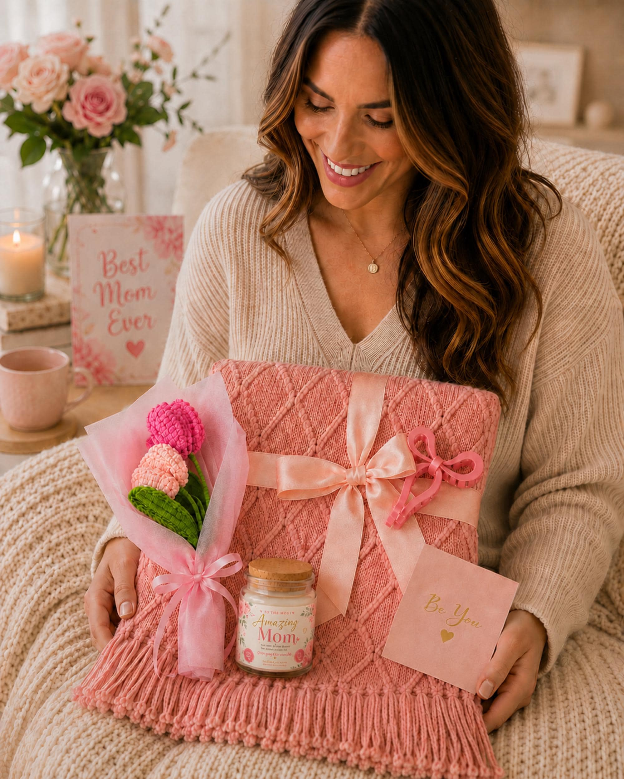Pastel gift box size chart showing included items: 4oz soy candle with cork lid, soft 50 x 60 blanket, crochet flower bouquet, and pink bow hair clip.