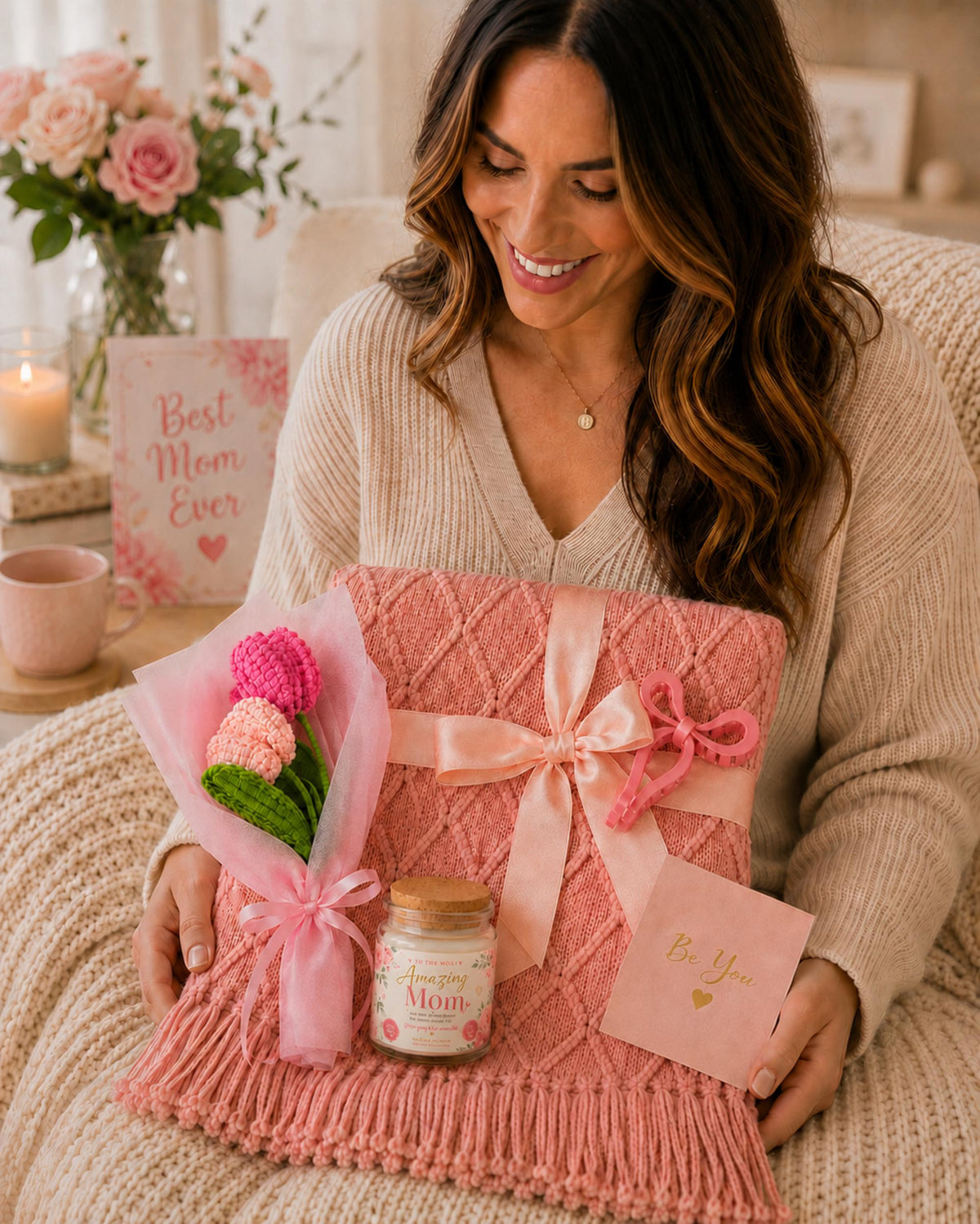 Pastel gift box size chart showing included items: 4oz soy candle with cork lid, soft 50 x 60 blanket, crochet flower bouquet, and pink bow hair clip.