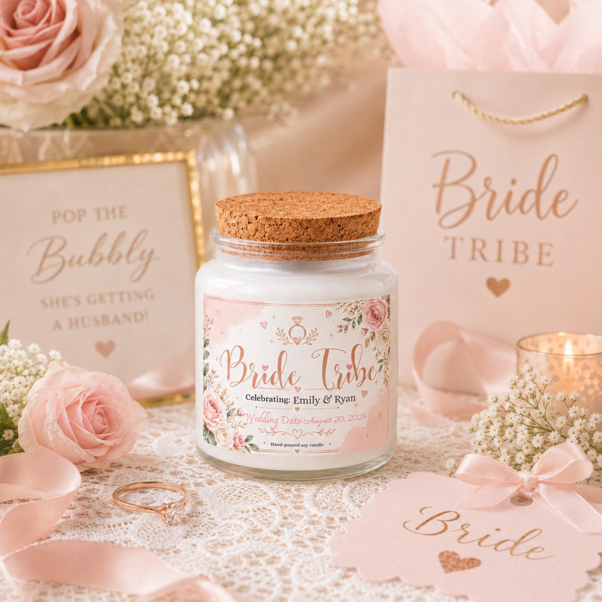 Personalized wedding party gift box with 4oz soy candle, cozy blanket, crochet flower bouquet, and pink bow hair clip for bridesmaids.