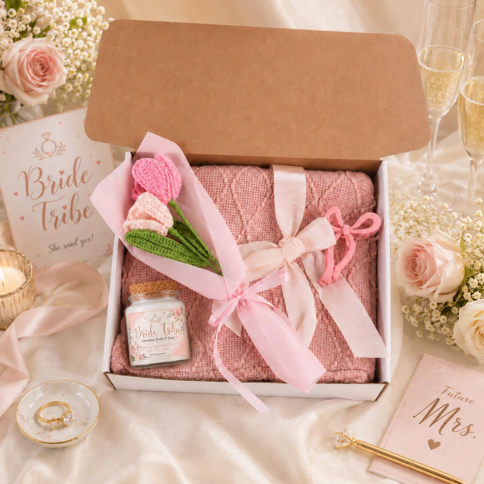 Personalized bridesmaid proposal gift box featuring a Bride Tribe candle, blush pink blanket, crochet flowers, and pink bow hair clip.