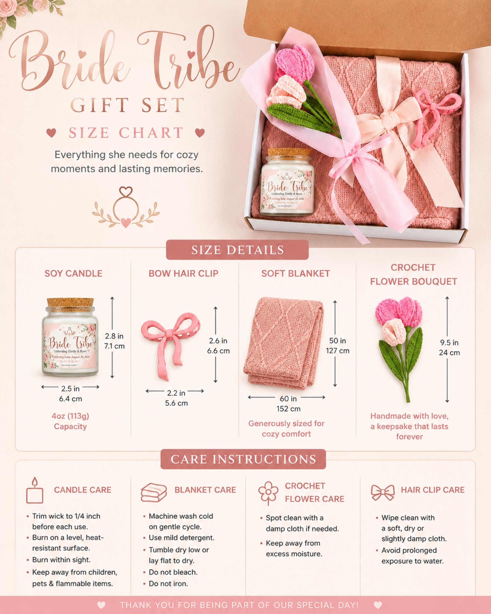 Size chart Personalized wedding party gift box with 4oz soy candle, cozy blanket, crochet flower bouquet, and pink bow hair clip for bridesmaids.