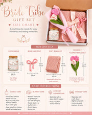 Size chart Personalized wedding party gift box with 4oz soy candle, cozy blanket, crochet flower bouquet, and pink bow hair clip for bridesmaids.