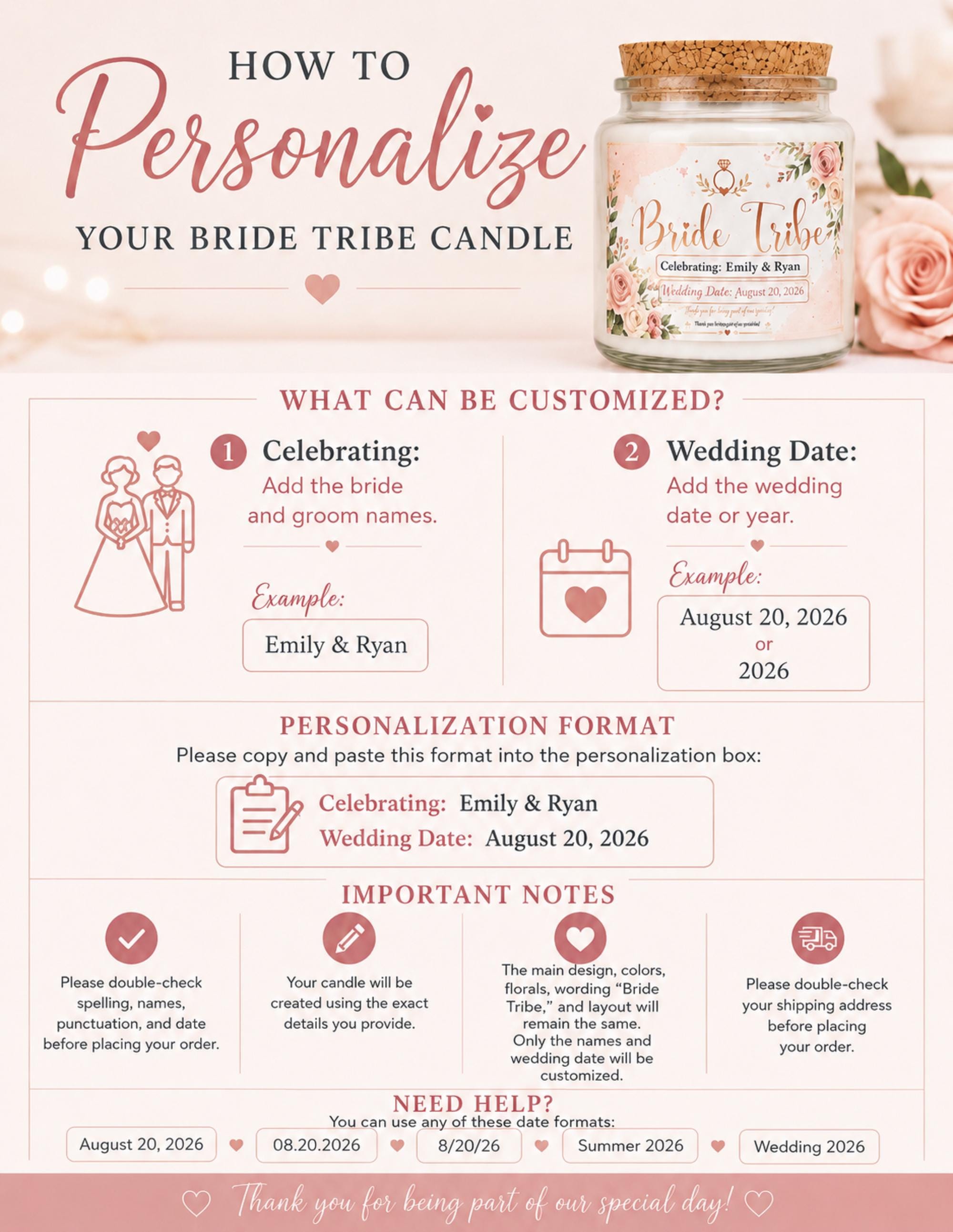 How to guide on personalizing your gift set, Blush pink bridal shower gift set with custom bride and groom candle, soft knit blanket, crochet flowers, and feminine bow clip.
