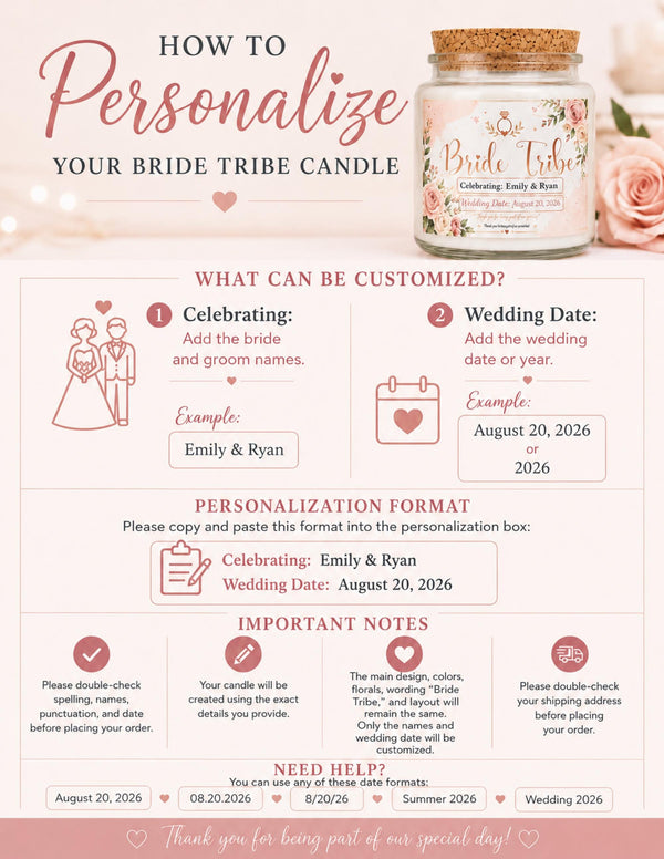 How to guide on personalizing your gift set, Blush pink bridal shower gift set with custom bride and groom candle, soft knit blanket, crochet flowers, and feminine bow clip.