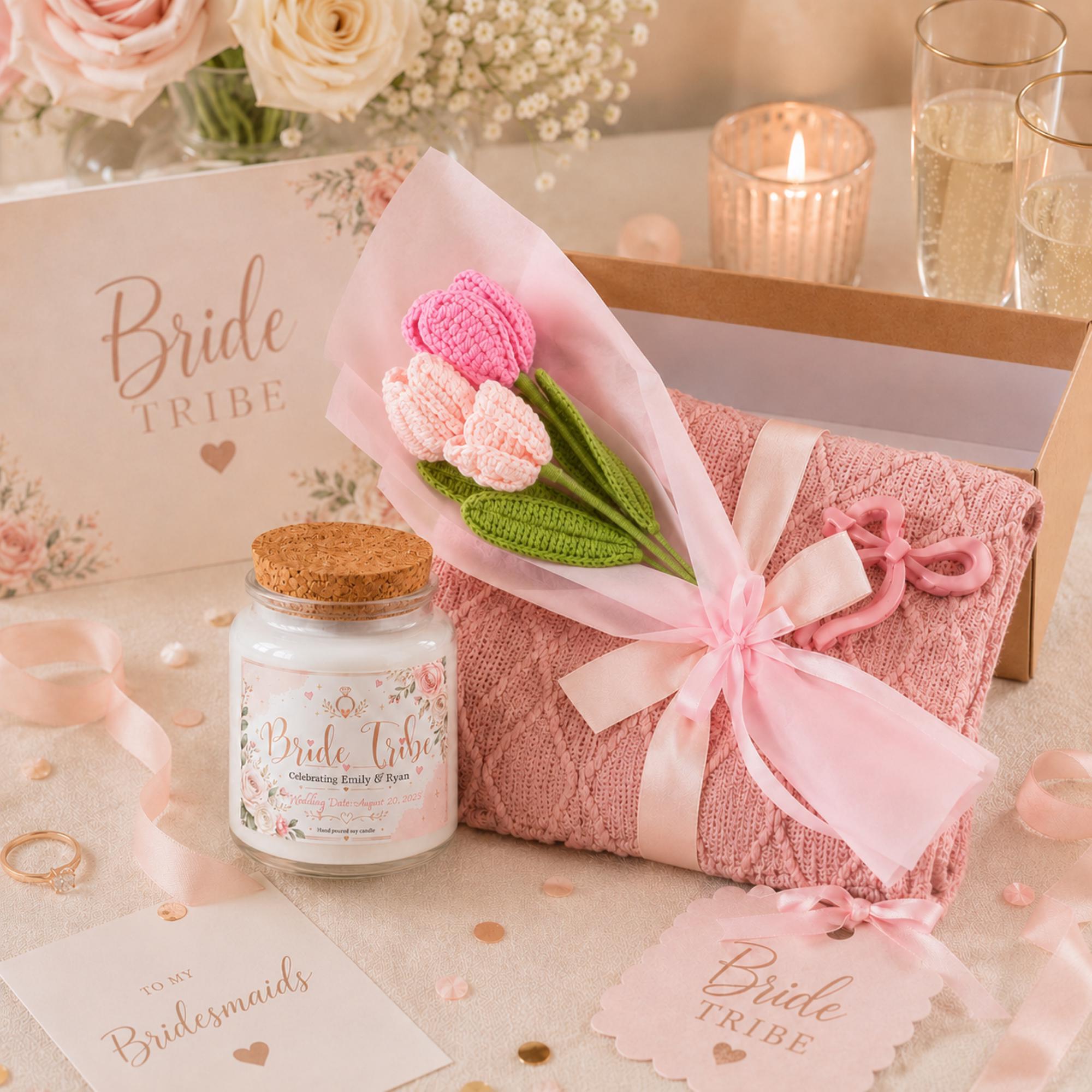 Bride Tribe gift set with personalized soy candle, pink knit blanket, crochet flower bouquet, and bow hair clip in a romantic bridal shower scene.